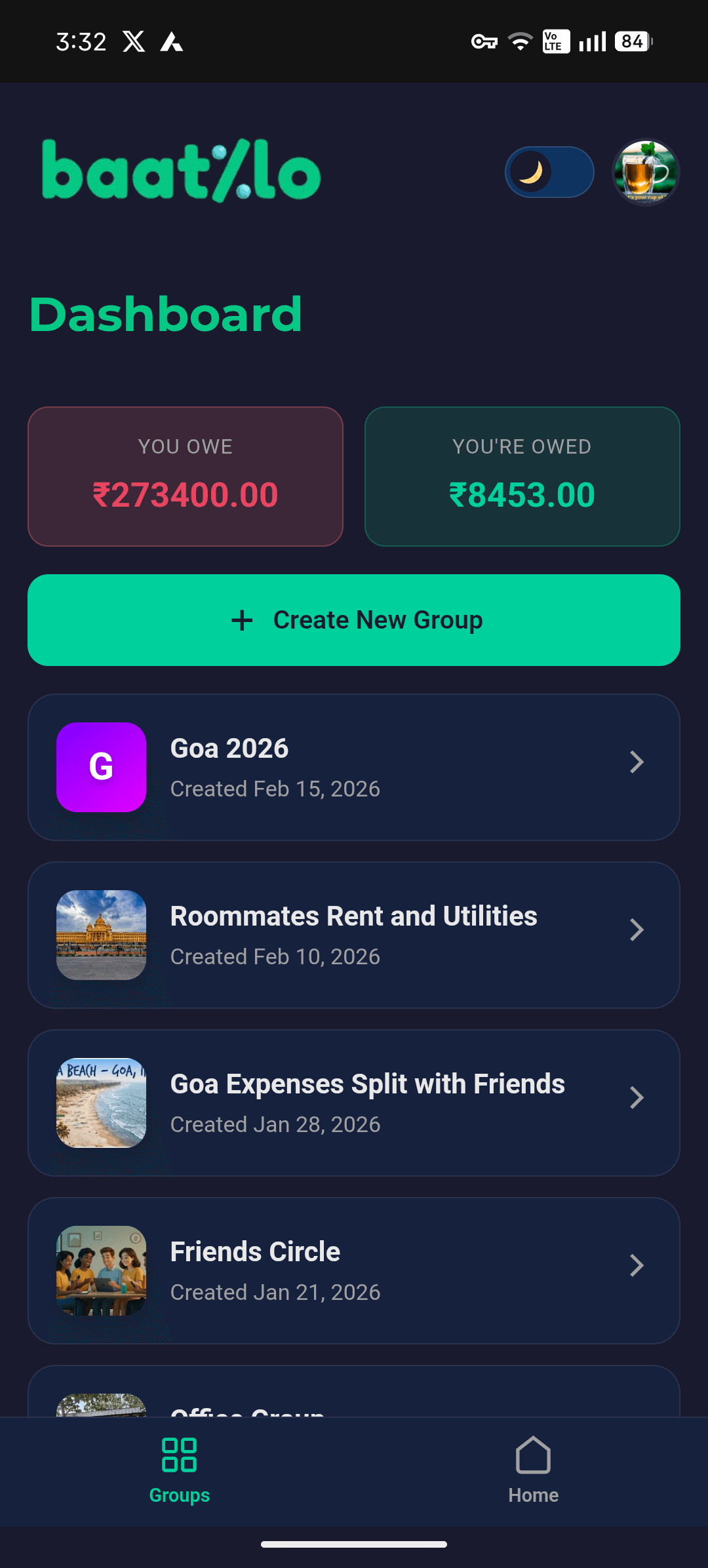 BaatLo mobile dashboard showing group balances and recent activity