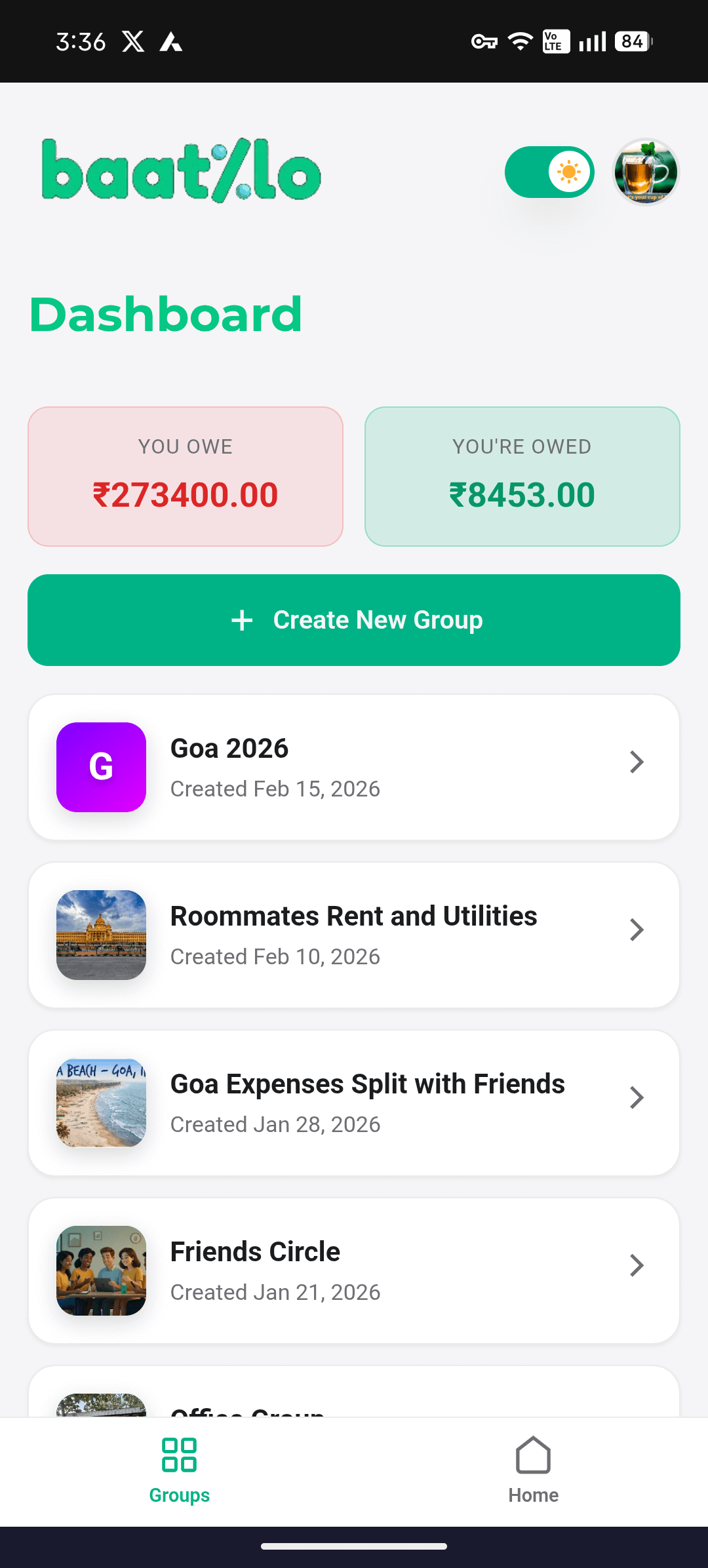 BaatLo in light mode showing clean bright interface